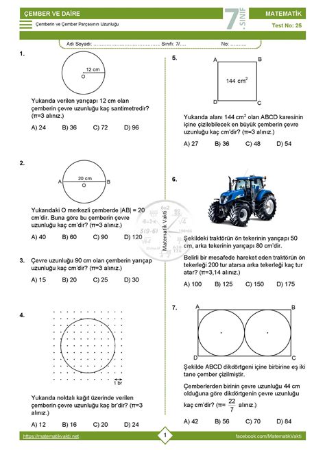 7 sınıf çemberin çevresi ile ilgili çözümlü sorular